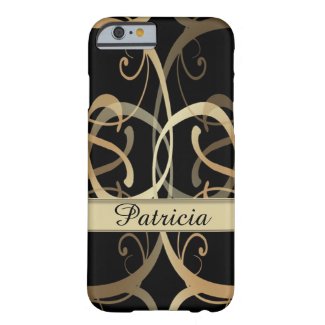 Personalized Golden Swirls Pattern On Black Barely There iPhone 6 Case