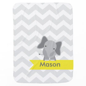 Personalized Gray Yellow Chevron Elephant Stroller Blanket