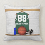 Personalized green and white basketball jersey throw pillows
