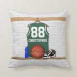 Personalized green and white basketball jersey throw pillows
