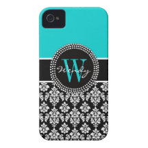 Personalized Initial Aqua Black Damask Case iPhone 4 Case-Mate Cases