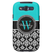 Personalized Initial Aqua Black Damask Case Galaxy SIII Case
