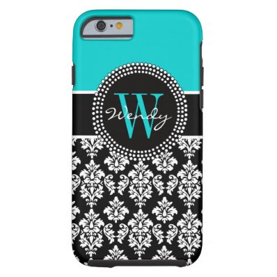 Personalized Initial Aqua Black Damask Pattern Tough iPhone 6 Case