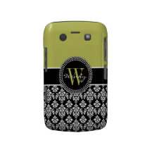 Personalized Initial Green Black Damask Case Blackberry Bold Cover