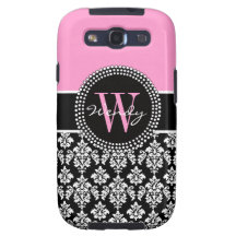 Personalized Initial Pink Black Damask Case