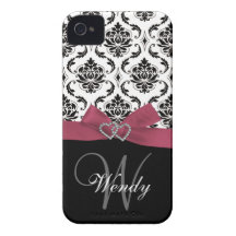 Personalized Initial, Pink, Black Damask Case iPhone 4 Cases