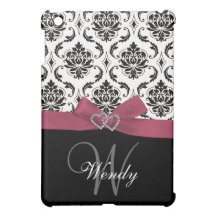 Personalized Initial, Pink, Black Damask iPad Mini Case