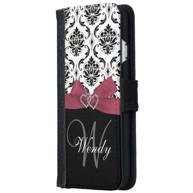 Personalized Initial, Pink, Black Damask Pattern iPhone 6 Wallet Case