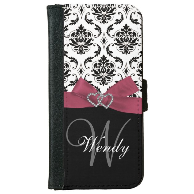 Personalized Initial, Pink, Black Damask Pattern iPhone 6 Wallet Case