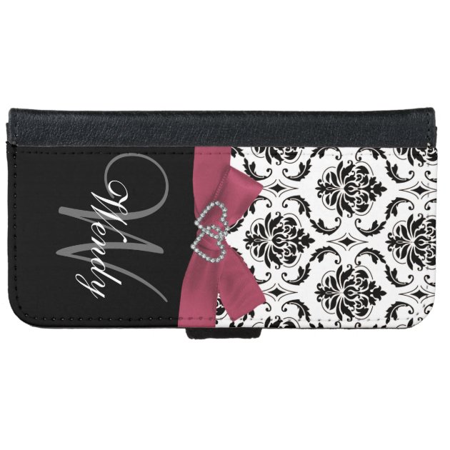 Personalized Initial, Pink, Black Damask Pattern iPhone 6 Wallet Case-4