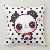 Personalized Kawaii panda on black polka dots throwpillow