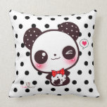 Personalized Kawaii panda on black polka dots Throw Pillows