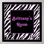 Personalized Kids Wall Decor - Zebra & Purple Poster