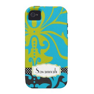 Personalized Lime Aqua Gold Damask iPhone 4 Case
