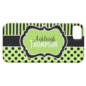 Personalized Lime, Black, White Striped Polka Dots iPhone 5 Case