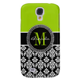 Personalized Lime Green Black Damask Case Samsung Galaxy S4 Cover