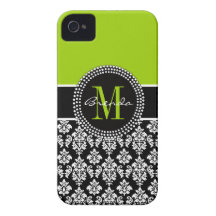 Personalized Lime Green Black Damask Case Case-Mate iPhone 4 Cases