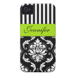 PERSONALIZED LIME GREEN, BLACK DAMASK STRIPED Case-Mate iPhone 4 CASES