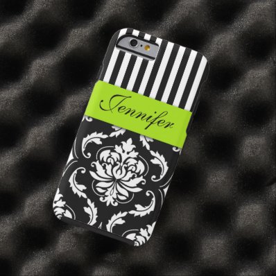 PERSONALIZED LIME GREEN, BLACK DAMASK STRIPED TOUGH iPhone 6 CASE