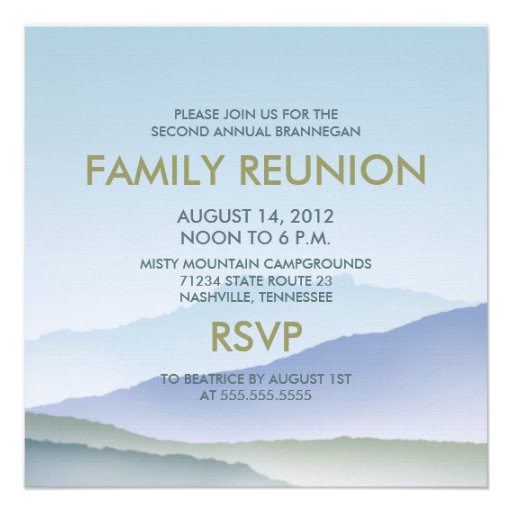 Personalized Misty Mountain Family Reunion Invites (front side)
