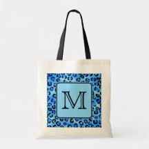 Personalized Monogram, Blue Leopard Print Pattern. Canvas Bag