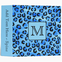 Personalized Monogram, Blue Leopard Print Pattern. Binder