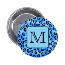 Personalized Monogram, Blue Leopard Print Pattern. Buttons