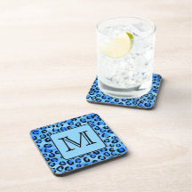 Personalized Monogram, Blue Leopard Print Pattern. Coasters