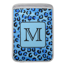 Personalized Monogram, Blue Leopard Print Pattern. Sleeves For MacBook Air