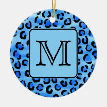Personalized Monogram, Blue Leopard Print Pattern. Christmas Tree Ornament