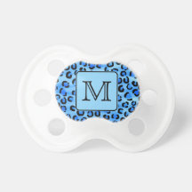 Personalized Monogram, Blue Leopard Print Pattern. Baby Pacifiers