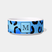 Personalized Monogram, Blue Leopard Print Pattern. Cat Water Bowl