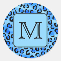 Personalized Monogram, Blue Leopard Print Pattern. Round Stickers