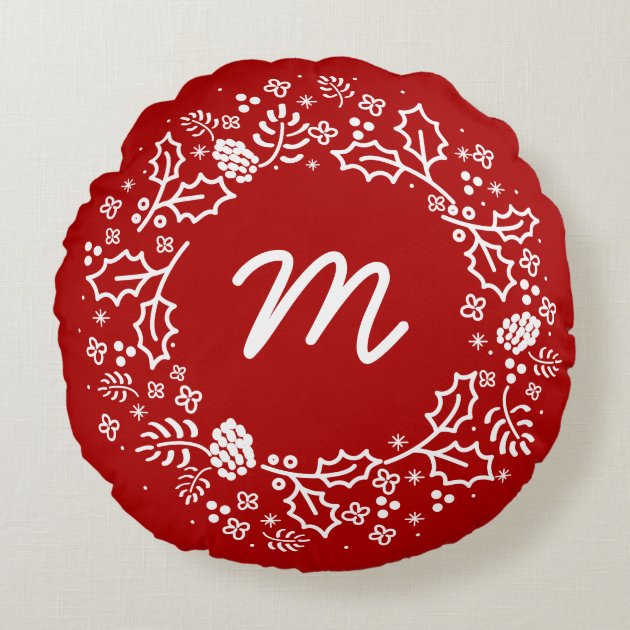 Personalized Monogram Holiday Wreath Pillow Round Pillow-0