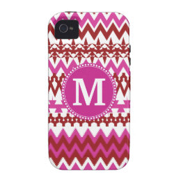 Personalized Monogram Hot Pink Red Tribal Chevron Case-Mate iPhone 4 Covers