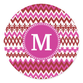 Personalized Monogram Hot Pink Red Tribal Chevron Round Sticker