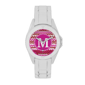 Personalized Monogram Hot Pink Red Tribal Chevron Wristwatches