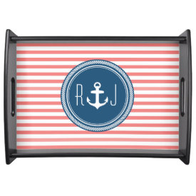 Personalized Monogram Navy and Coral Nautical Service Tray