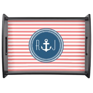 Personalized Monogram Navy and Coral Nautical Service Tray