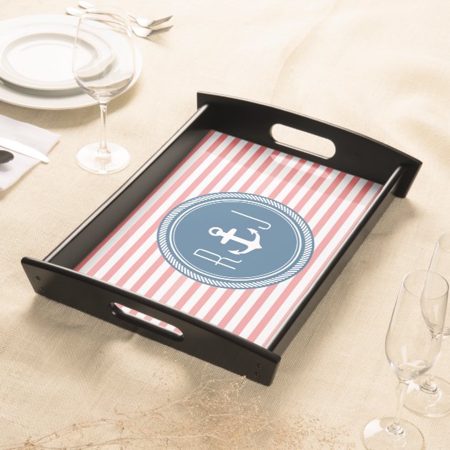 Personalized Monogram Navy and Coral Nautical Service Tray-0