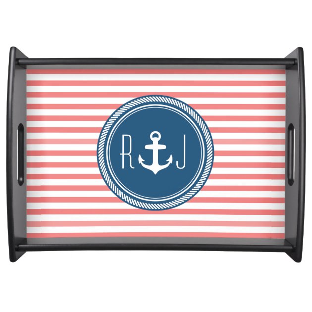 Personalized Monogram Navy and Coral Nautical Service Tray-1