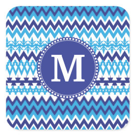 Personalized Monogram Teal Blue Tribal Chevron Square Stickers