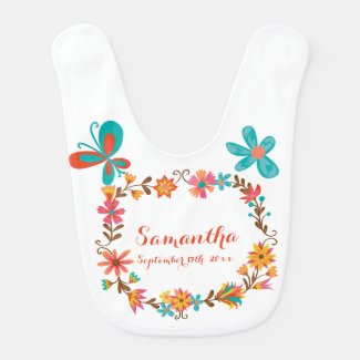 Personalized Name and Birth Date Floral Wreath Bib
