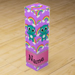 Personalized name baby owl purple rainbows wine bottle boxes