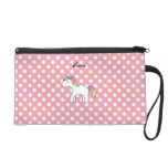 Personalized name baby unicorn pink polka dots wristlet