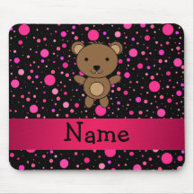 Personalized name bear black pink polka dots mousepads