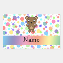 Personalized name bear rainbow polka dots rectangle stickers