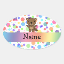 Personalized name beaver rainbow polka dots oval sticker
