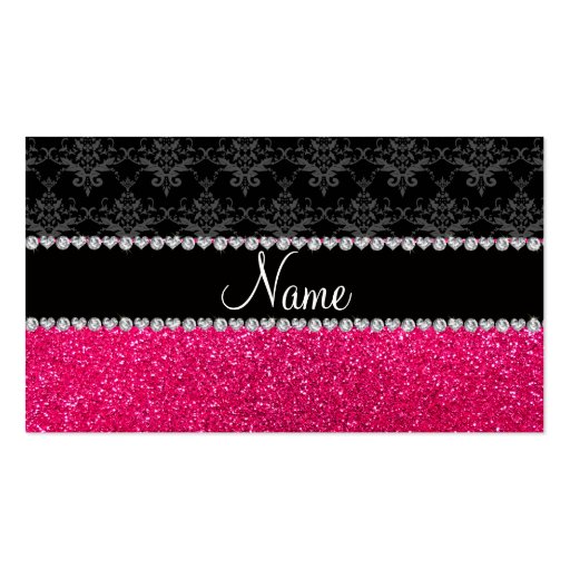 Personalized name black damask pink glitter business card template (front side)