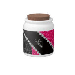 Personalized name black damask pink glitter candy dishes at Zazzle